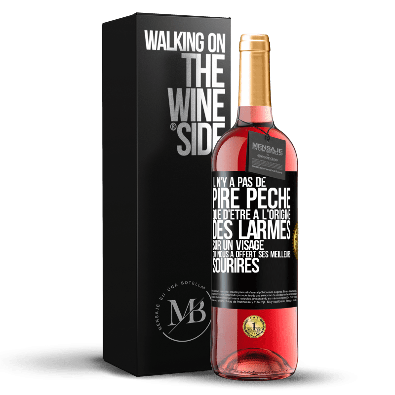 29,95 € Envoi gratuit | Vin rosé Édition ROSÉ Il n'y a pas de pire péché que d'être à l'origine des larmes sur un visage qui nous a offert ses meilleurs sourires Étiquette Noire. Étiquette personnalisable Vin jeune Récolte 2024 Tempranillo