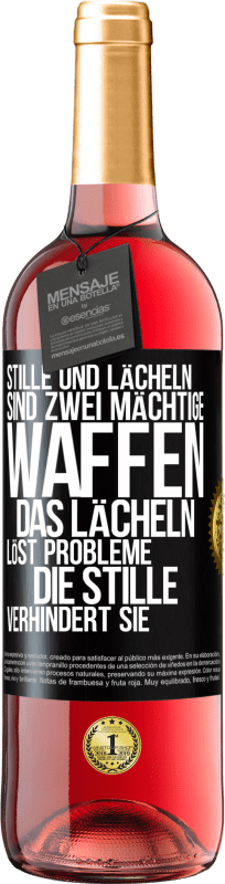 29,95 € Kostenloser Versand | Roséwein ROSÉ Ausgabe Stille und Lächeln sind zwei mächtige Waffen. Das Lächeln löst Probleme, die Stille verhindert sie Schwarzes Etikett. Anpassbares Etikett Junger Wein Ernte 2024 Tempranillo