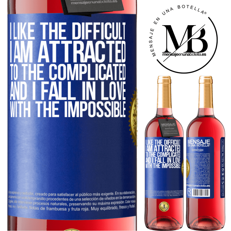29,95 € Free Shipping | Rosé Wine ROSÉ Edition I like the difficult, I am attracted to the complicated, and I fall in love with the impossible Blue Label. Customizable label Young wine Harvest 2022 Tempranillo