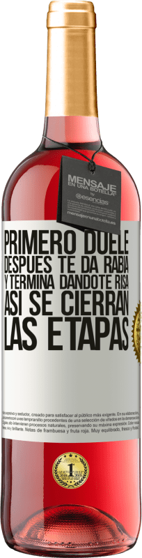 29,95 € | Vino Rosado Edición ROSÉ Primero duele, después te da rabia, y termina dándote risa. Así se cierran las etapas Etiqueta Blanca. Etiqueta personalizable Vino joven Cosecha 2024 Tempranillo