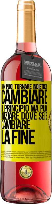 29,95 € | Vino rosato Edizione ROSÉ Non puoi tornare indietro e cambiare il principio. Ma puoi iniziare dove sei e cambiare la fine Etichetta Gialla. Etichetta personalizzabile Vino giovane Raccogliere 2024 Tempranillo