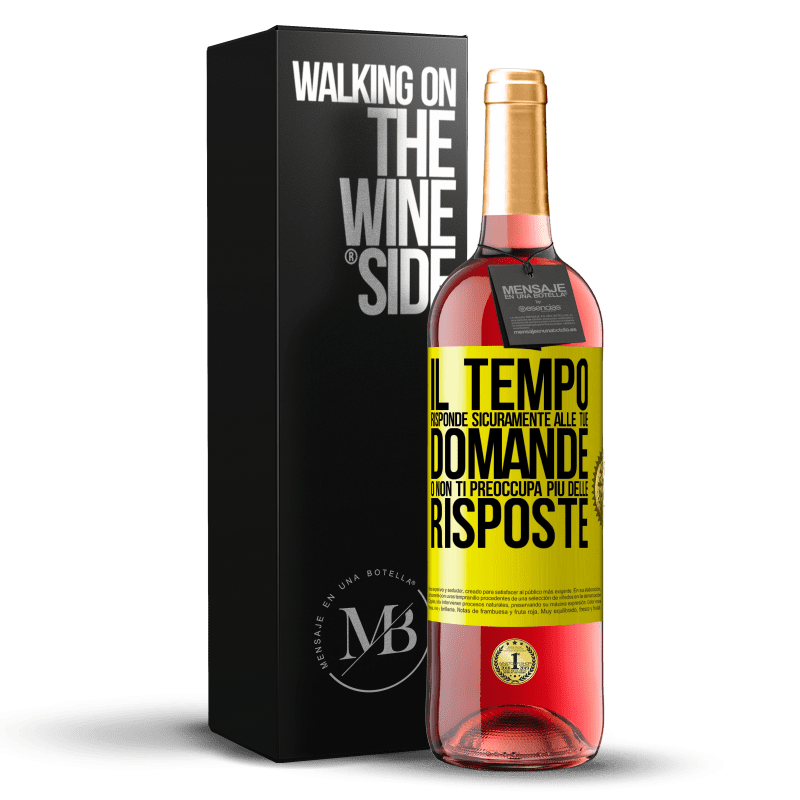 29,95 € Spedizione Gratuita | Vino rosato Edizione ROSÉ Il tempo risponde sicuramente alle tue domande o non ti preoccupa più delle risposte Etichetta Gialla. Etichetta personalizzabile Vino giovane Raccogliere 2024 Tempranillo