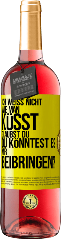 29,95 € Kostenloser Versand | Roséwein ROSÉ Ausgabe Ich weiß nicht, wie man küsst. Glaubst du, du könntest es mir beibringen? Gelbes Etikett. Anpassbares Etikett Junger Wein Ernte 2025 Tempranillo
