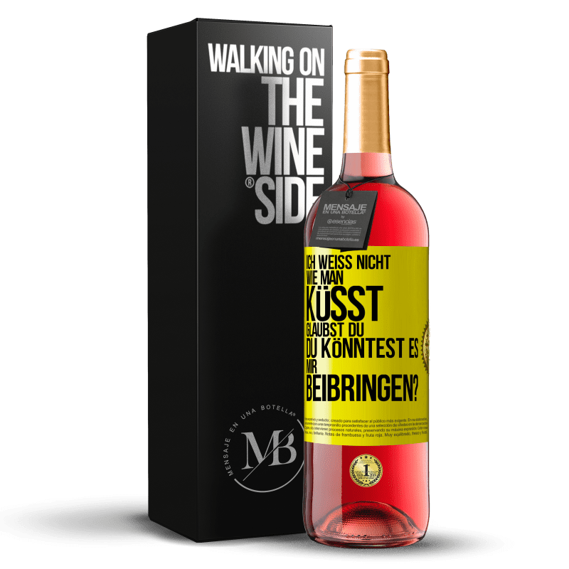 29,95 € Kostenloser Versand | Roséwein ROSÉ Ausgabe Ich weiß nicht, wie man küsst. Glaubst du, du könntest es mir beibringen? Gelbes Etikett. Anpassbares Etikett Junger Wein Ernte 2025 Tempranillo