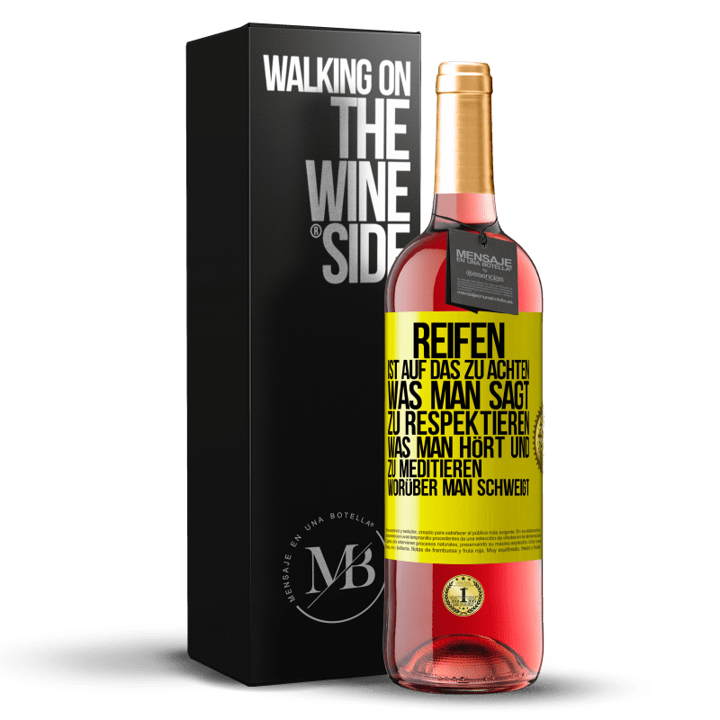29,95 € Kostenloser Versand | Roséwein ROSÉ Ausgabe Reifen ist, auf das zu achten, was man sagt, zu respektieren, was man hört und zu meditieren, worüber man schweigt Gelbes Etikett. Anpassbares Etikett Junger Wein Ernte 2023 Tempranillo