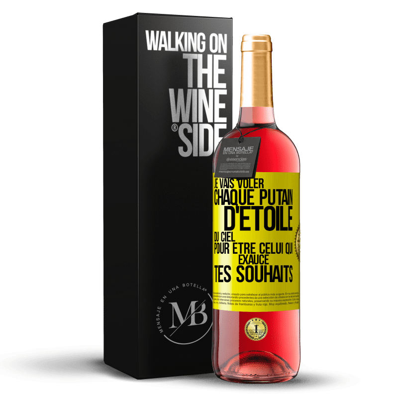 29,95 € Envoi gratuit | Vin rosé Édition ROSÉ Je vais voler chaque putain d'étoile du ciel pour être celui qui exauce tes souhaits Étiquette Jaune. Étiquette personnalisable Vin jeune Récolte 2024 Tempranillo