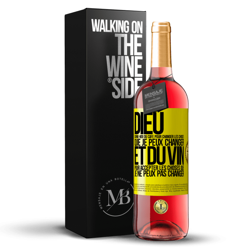 29,95 € Envoi gratuit | Vin rosé Édition ROSÉ Dieu, donne-moi du café pour changer les choses que je peux changer et du vin pour accepter les choses que je ne peux pas change Étiquette Jaune. Étiquette personnalisable Vin jeune Récolte 2024 Tempranillo