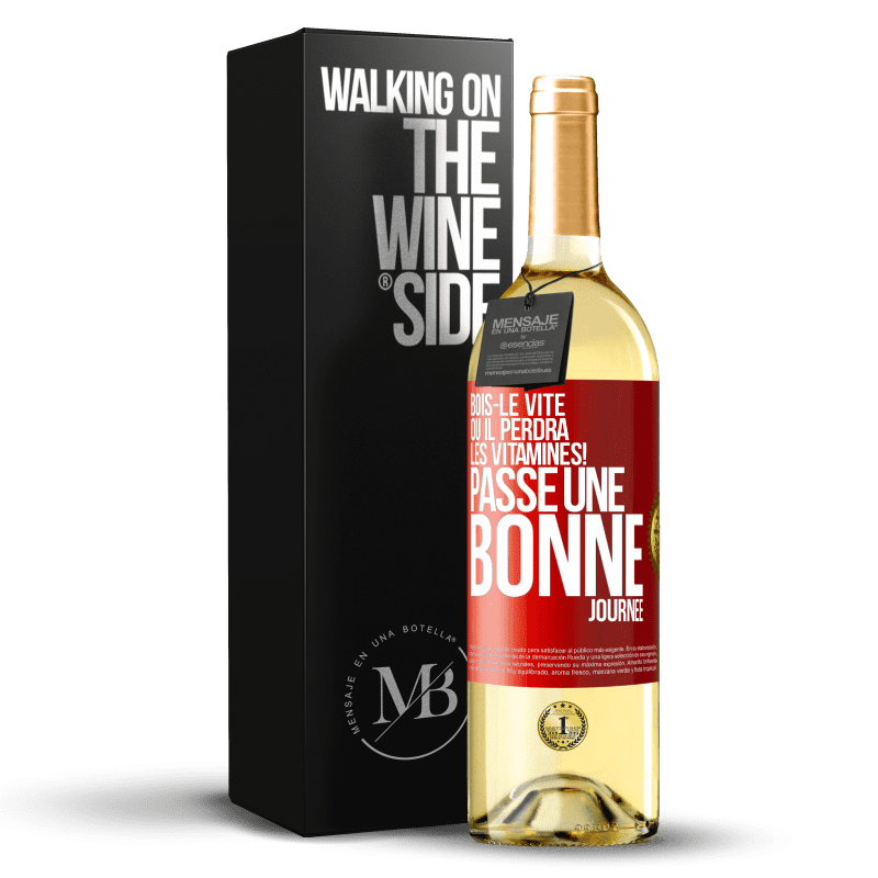 29,95 € Envoi gratuit | Vin blanc Édition WHITE Bois-le vite ou il perdra les vitamines! Passe une bonne journée Étiquette Rouge. Étiquette personnalisable Vin jeune Récolte 2024 Verdejo