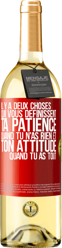 29,95 € Envoi gratuit | Vin blanc Édition WHITE Il y a deux choses qui vous définissent. Ta patience quand tu n'as rien et ton attitude quand tu as tout Étiquette Rouge. Étiquette personnalisable Vin jeune Récolte 2025 Verdejo