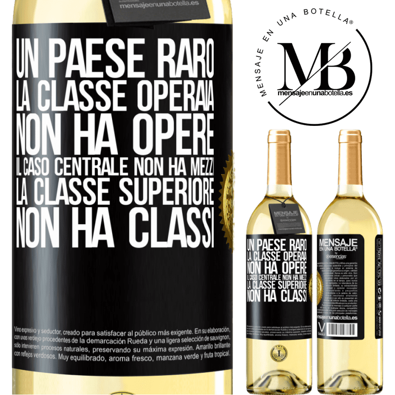 29,95 € Spedizione Gratuita | Vino bianco Edizione WHITE Un paese raro: la classe operaia non ha opere, il caso centrale non ha mezzi, la classe superiore non ha classi Etichetta Nera. Etichetta personalizzabile Vino giovane Raccogliere 2023 Verdejo