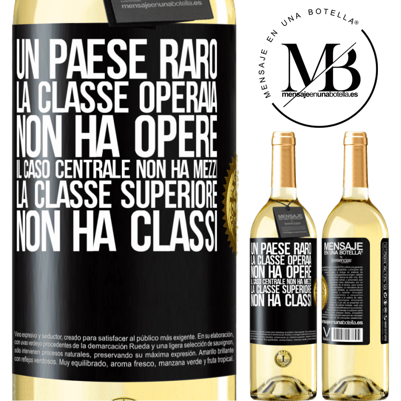 29,95 € Spedizione Gratuita | Vino bianco Edizione WHITE Un paese raro: la classe operaia non ha opere, il caso centrale non ha mezzi, la classe superiore non ha classi Etichetta Nera. Etichetta personalizzabile Vino giovane Raccogliere 2025 Verdejo