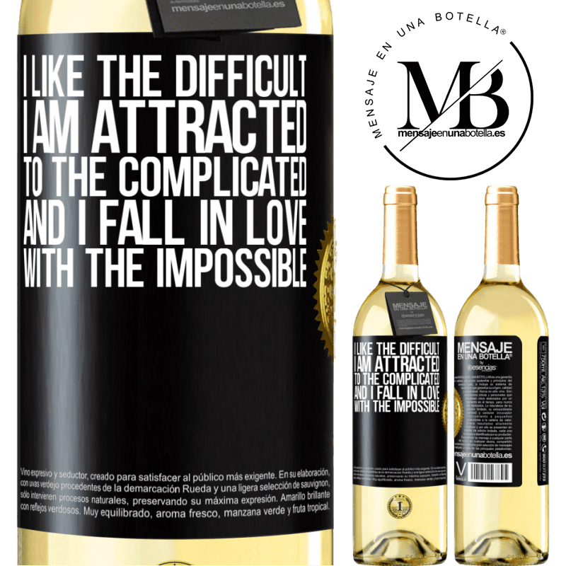 29,95 € Free Shipping | White Wine WHITE Edition I like the difficult, I am attracted to the complicated, and I fall in love with the impossible Black Label. Customizable label Young wine Harvest 2022 Verdejo