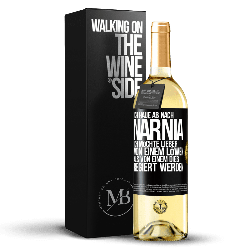 29,95 € Kostenloser Versand | Weißwein WHITE Ausgabe Ich haue ab nach Narnia. Ich möchte lieber von einem Löwen als von einem Dieb regiert werden Schwarzes Etikett. Anpassbares Etikett Junger Wein Ernte 2023 Verdejo