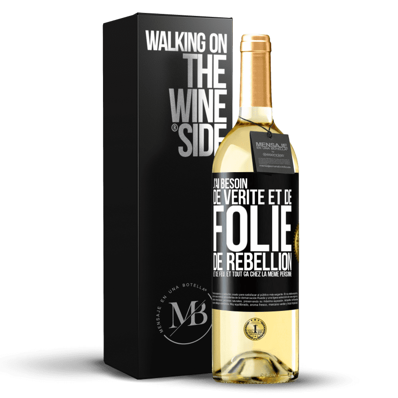 29,95 € Envoi gratuit | Vin blanc Édition WHITE J'ai besoin de vérité et de folie, de rébellion et de feu. Et tout ça chez la même personne Étiquette Noire. Étiquette personnalisable Vin jeune Récolte 2025 Verdejo