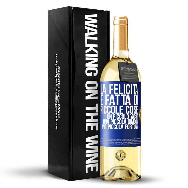 29,95 € Spedizione Gratuita | Vino bianco Edizione WHITE La felicità è fatta di piccole cose: un piccolo yacht, una piccola dimora, una piccola fortuna Etichetta Blu. Etichetta personalizzabile Vino giovane Raccogliere 2024 Verdejo