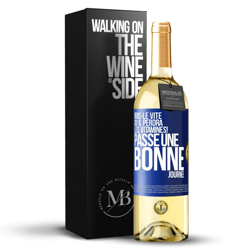 29,95 € Envoi gratuit | Vin blanc Édition WHITE Bois-le vite ou il perdra les vitamines! Passe une bonne journée Étiquette Bleue. Étiquette personnalisable Vin jeune Récolte 2024 Verdejo