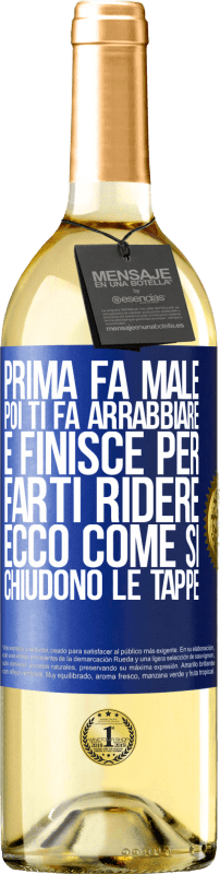 29,95 € | Vino bianco Edizione WHITE Prima fa male, poi ti fa arrabbiare e finisce per farti ridere. Ecco come si chiudono le tappe Etichetta Blu. Etichetta personalizzabile Vino giovane Raccogliere 2024 Verdejo