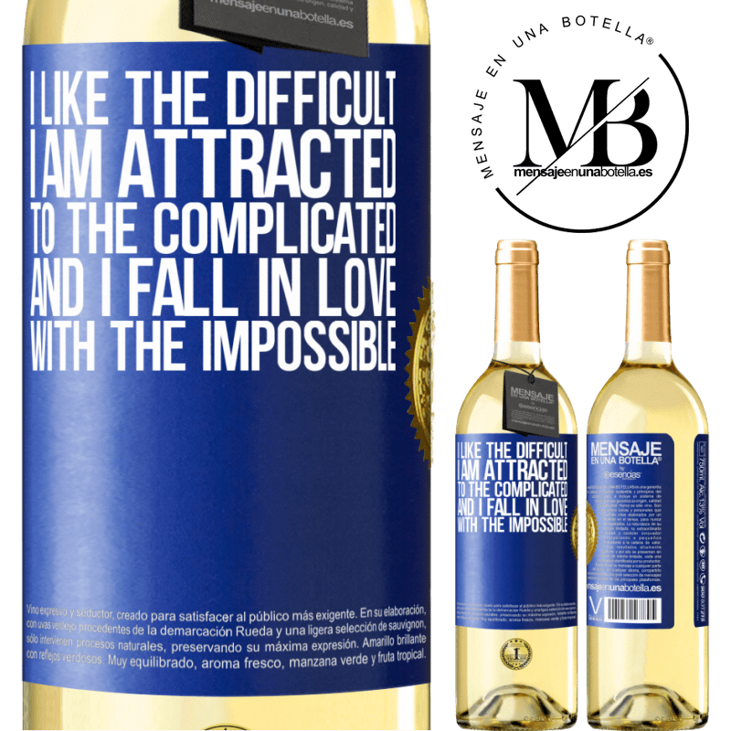 29,95 € Free Shipping | White Wine WHITE Edition I like the difficult, I am attracted to the complicated, and I fall in love with the impossible Blue Label. Customizable label Young wine Harvest 2022 Verdejo