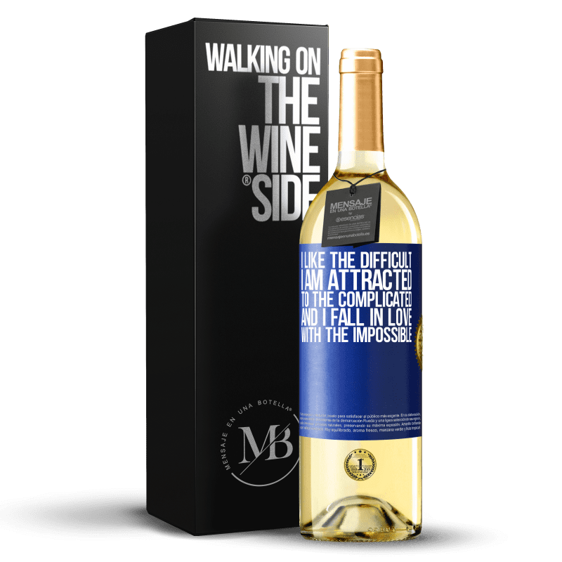 29,95 € Бесплатная доставка | Белое вино Издание WHITE Мне нравится трудное, меня привлекает сложное, и я влюбляюсь в невозможное Синяя метка. Настраиваемая этикетка Молодое вино Урожай 2023 Verdejo