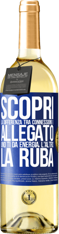 29,95 € | Vino bianco Edizione WHITE Scopri la differenza tra connessione e allegato. Uno ti dà energia, l'altro la ruba Etichetta Blu. Etichetta personalizzabile Vino giovane Raccogliere 2024 Verdejo