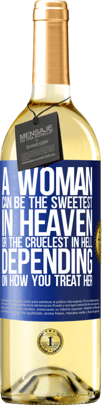 29,95 € | Белое вино Издание WHITE Женщина может быть самой милой на небесах или самой жестокой в ​​аду, в зависимости от того, как вы относитесь к ней Синяя метка. Настраиваемая этикетка Молодое вино Урожай 2023 Verdejo