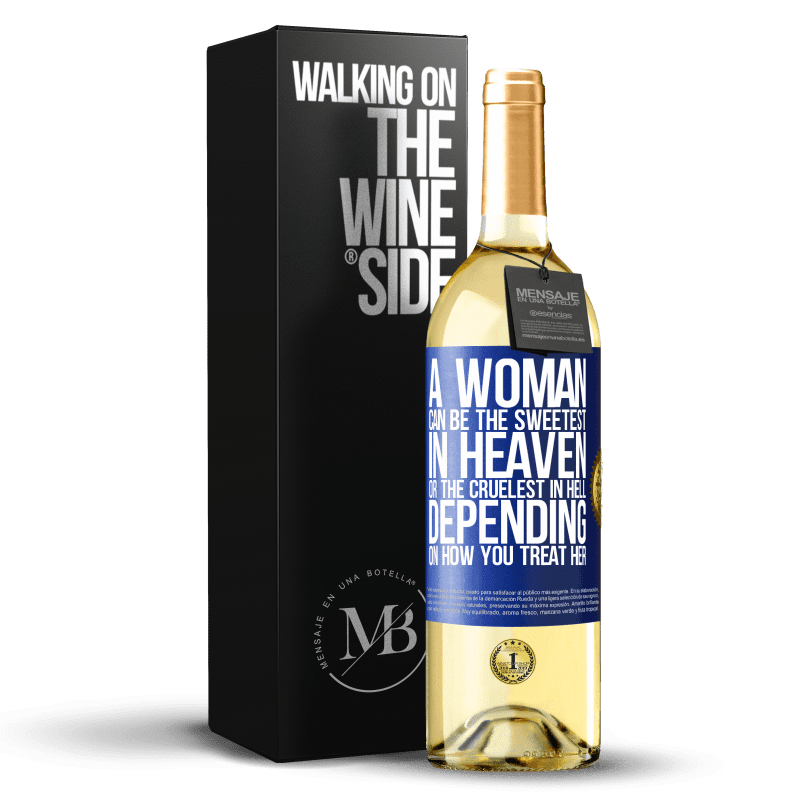 29,95 € Free Shipping | White Wine WHITE Edition A woman can be the sweetest in heaven, or the cruelest in hell, depending on how you treat her Blue Label. Customizable label Young wine Harvest 2024 Verdejo