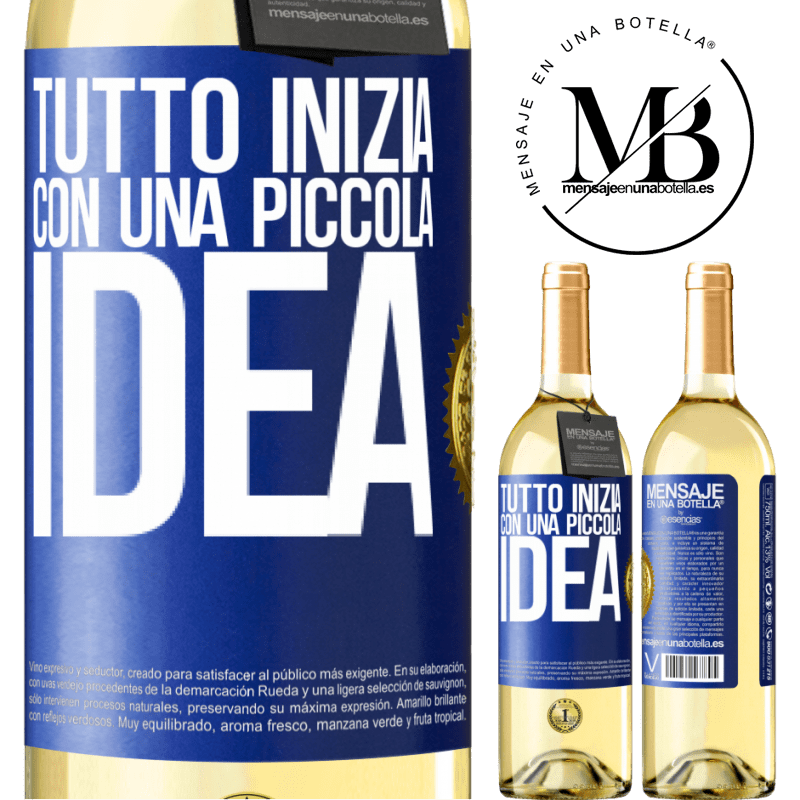 29,95 € Spedizione Gratuita | Vino bianco Edizione WHITE Tutto inizia con una piccola idea Etichetta Blu. Etichetta personalizzabile Vino giovane Raccogliere 2025 Verdejo