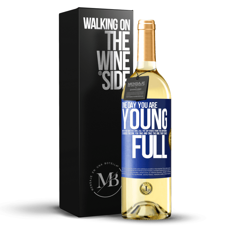 29,95 € Free Shipping | White Wine WHITE Edition One day you are young and the next day, you smell all the softeners from the supermarket to choose the one you take and take Blue Label. Customizable label Young wine Harvest 2022 Verdejo
