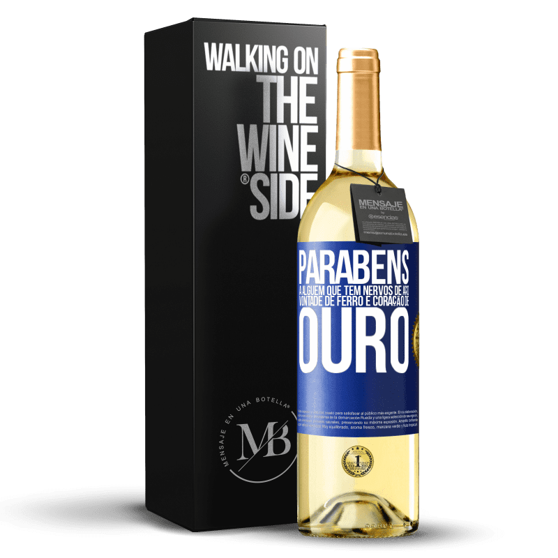 29,95 € Envio grátis | Vinho branco Edição WHITE Parabéns a alguém que tem nervos de aço, vontade de ferro e coração de ouro Etiqueta Azul. Etiqueta personalizável Vinho jovem Colheita 2025 Verdejo