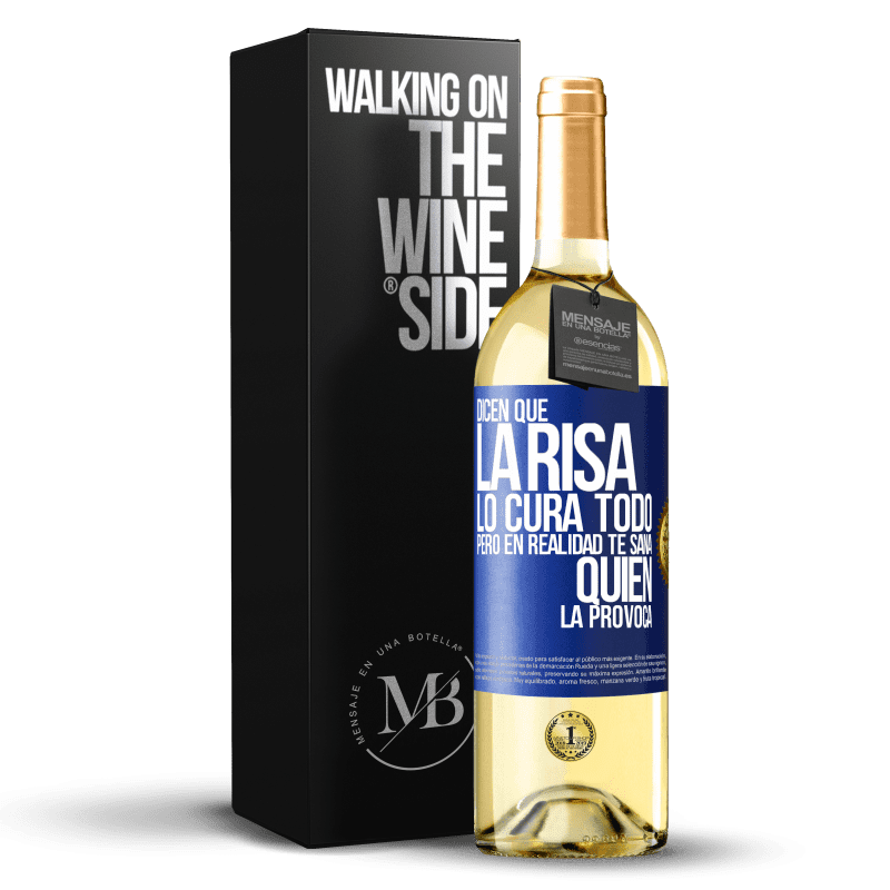 29,95 € Envío gratis | Vino Blanco Edición WHITE Dicen que la risa lo cura todo, pero en realidad te sana quien la provoca Etiqueta Azul. Etiqueta personalizable Vino joven Cosecha 2024 Verdejo