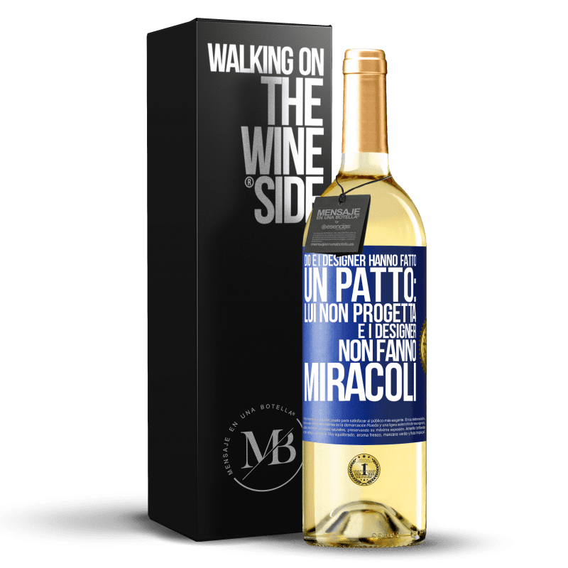 29,95 € Spedizione Gratuita | Vino bianco Edizione WHITE Dio e i designer hanno fatto un patto: lui non progetta e i designer non fanno miracoli Etichetta Blu. Etichetta personalizzabile Vino giovane Raccogliere 2023 Verdejo