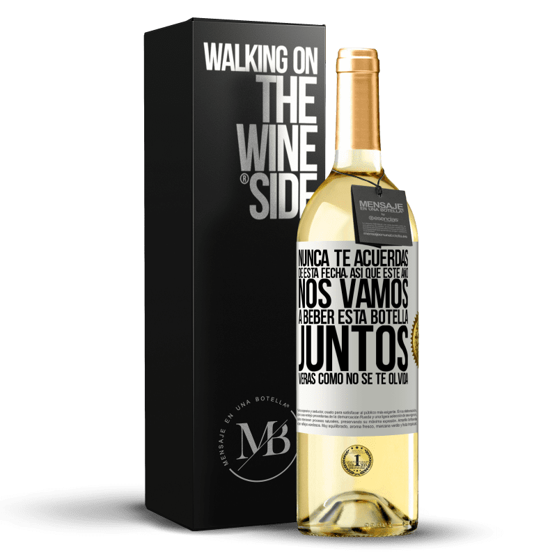 29,95 € Envío gratis | Vino Blanco Edición WHITE Nunca te acuerdas de esta fecha, así que este año nos vamos a beber esta botella juntos. Verás como no se te olvida Etiqueta Blanca. Etiqueta personalizable Vino joven Cosecha 2024 Verdejo