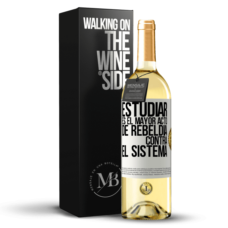 29,95 € Envío gratis | Vino Blanco Edición WHITE Estudiar es el mayor acto de rebeldía contra el sistema Etiqueta Blanca. Etiqueta personalizable Vino joven Cosecha 2024 Verdejo