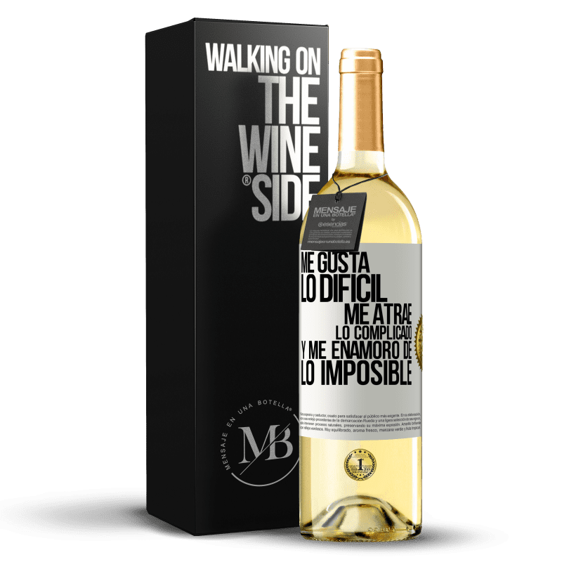 29,95 € Envío gratis | Vino Blanco Edición WHITE Me gusta lo difícil, me atrae lo complicado, y me enamoro de lo imposible Etiqueta Blanca. Etiqueta personalizable Vino joven Cosecha 2025 Verdejo