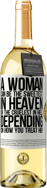29,95 € | Белое вино Издание WHITE Женщина может быть самой милой на небесах или самой жестокой в ​​аду, в зависимости от того, как вы относитесь к ней Белая этикетка. Настраиваемая этикетка Молодое вино Урожай 2023 Verdejo