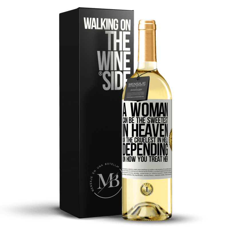 29,95 € Free Shipping | White Wine WHITE Edition A woman can be the sweetest in heaven, or the cruelest in hell, depending on how you treat her White Label. Customizable label Young wine Harvest 2023 Verdejo