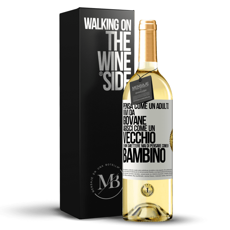 29,95 € Spedizione Gratuita | Vino bianco Edizione WHITE Pensa come un adulto, vivi da giovane, agisci come un vecchio e non smettere mai di pensare come un bambino Etichetta Bianca. Etichetta personalizzabile Vino giovane Raccogliere 2024 Verdejo