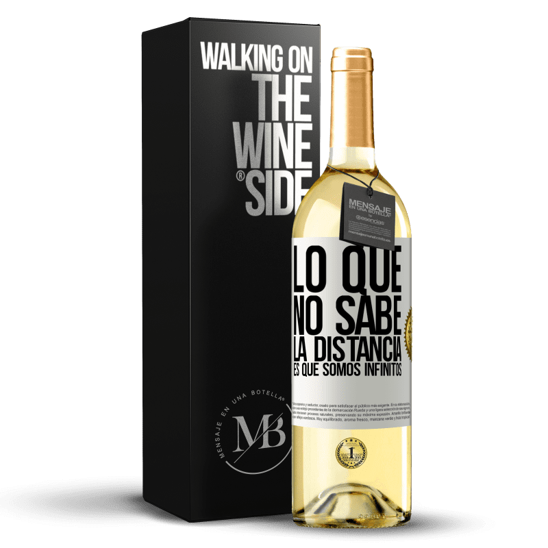 29,95 € Envío gratis | Vino Blanco Edición WHITE Lo que no sabe la distancia es que somos infinitos Etiqueta Blanca. Etiqueta personalizable Vino joven Cosecha 2024 Verdejo