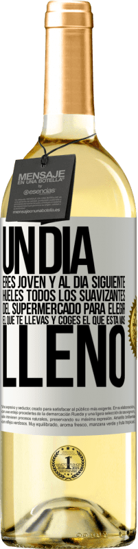 29,95 € | Vino Blanco Edición WHITE Un día eres joven y al día siguiente, hueles todos los suavizantes del supermercado para elegir el que te llevas y coges el Etiqueta Blanca. Etiqueta personalizable Vino joven Cosecha 2025 Verdejo
