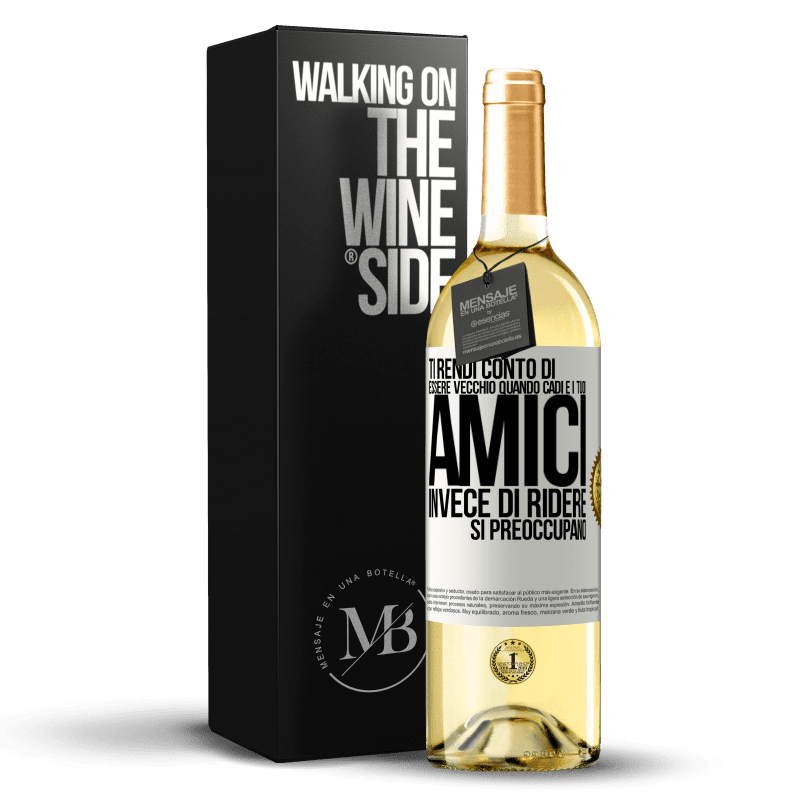 29,95 € Spedizione Gratuita | Vino bianco Edizione WHITE Ti rendi conto di essere vecchio quando cadi e i tuoi amici, invece di ridere, si preoccupano Etichetta Bianca. Etichetta personalizzabile Vino giovane Raccogliere 2024 Verdejo