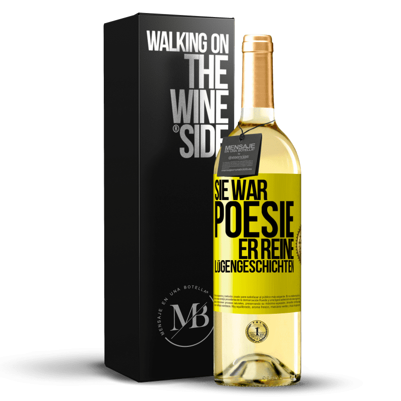29,95 € Kostenloser Versand | Weißwein WHITE Ausgabe Sie war Poesie, er reine Lügengeschichten Gelbes Etikett. Anpassbares Etikett Junger Wein Ernte 2023 Verdejo