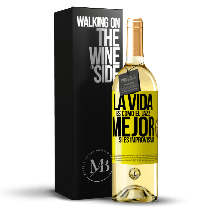 29,95 € Envío gratis | Vino Blanco Edición WHITE La vida es como el jazz… mejor si es improvisada Etiqueta Amarilla. Etiqueta personalizable Vino joven Cosecha 2024 Verdejo