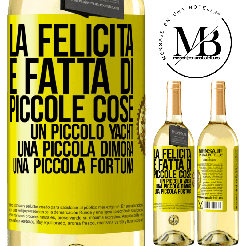 29,95 € Spedizione Gratuita | Vino bianco Edizione WHITE La felicità è fatta di piccole cose: un piccolo yacht, una piccola dimora, una piccola fortuna Etichetta Gialla. Etichetta personalizzabile Vino giovane Raccogliere 2023 Verdejo