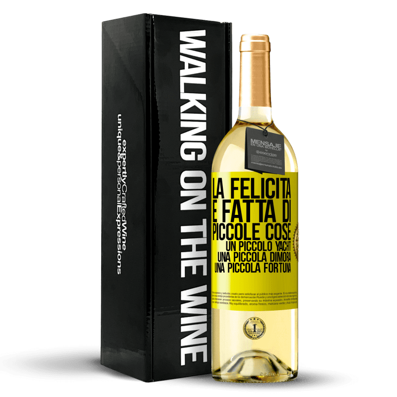 29,95 € Spedizione Gratuita | Vino bianco Edizione WHITE La felicità è fatta di piccole cose: un piccolo yacht, una piccola dimora, una piccola fortuna Etichetta Gialla. Etichetta personalizzabile Vino giovane Raccogliere 2024 Verdejo