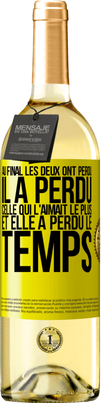 29,95 € | Vin blanc Édition WHITE Au final les deux ont perdu. Il a perdu celle qui l'aimait le plus et elle a perdu le temps Étiquette Jaune. Étiquette personnalisable Vin jeune Récolte 2024 Verdejo