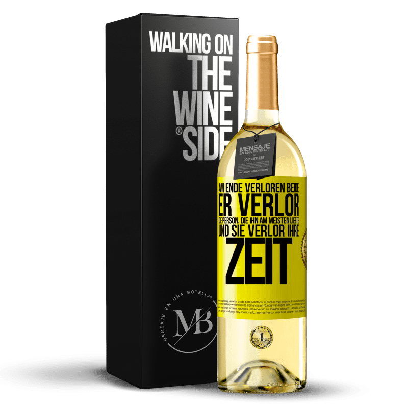 29,95 € Kostenloser Versand | Weißwein WHITE Ausgabe Am Ende verloren beide. Er verlor die Person, die ihn am meisten liebte, und sie verlor ihre Zeit Gelbes Etikett. Anpassbares Etikett Junger Wein Ernte 2024 Verdejo