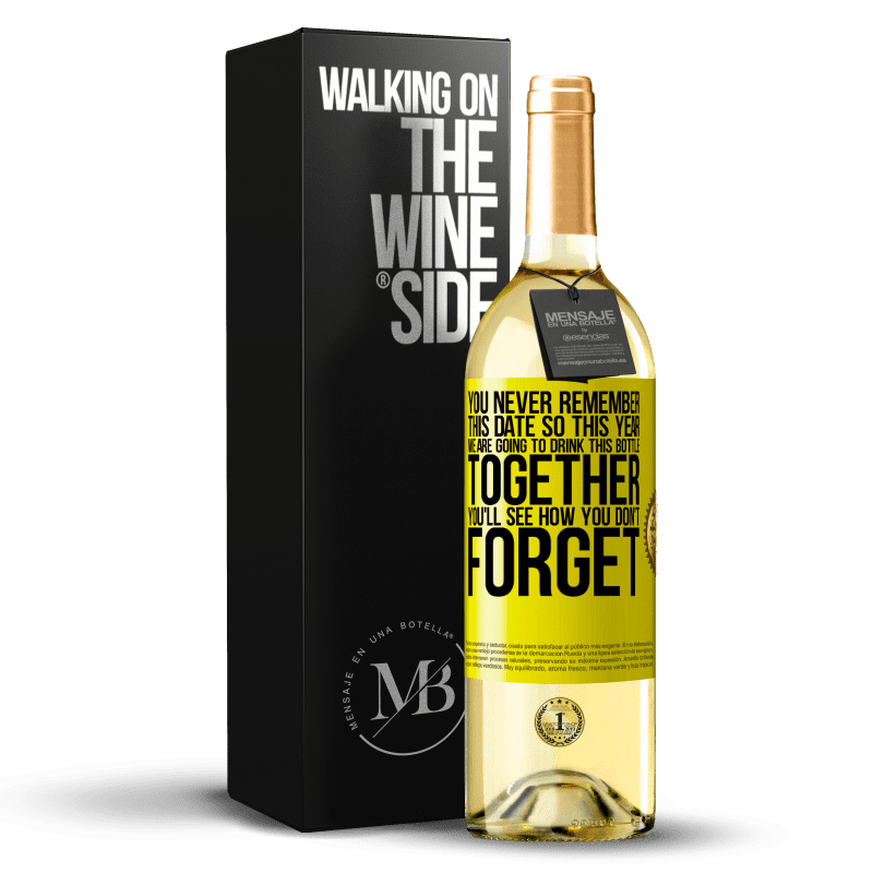 29,95 € Free Shipping | White Wine WHITE Edition You never remember this date, so this year we are going to drink this bottle together. You'll see how you don't forget Yellow Label. Customizable label Young wine Harvest 2023 Verdejo