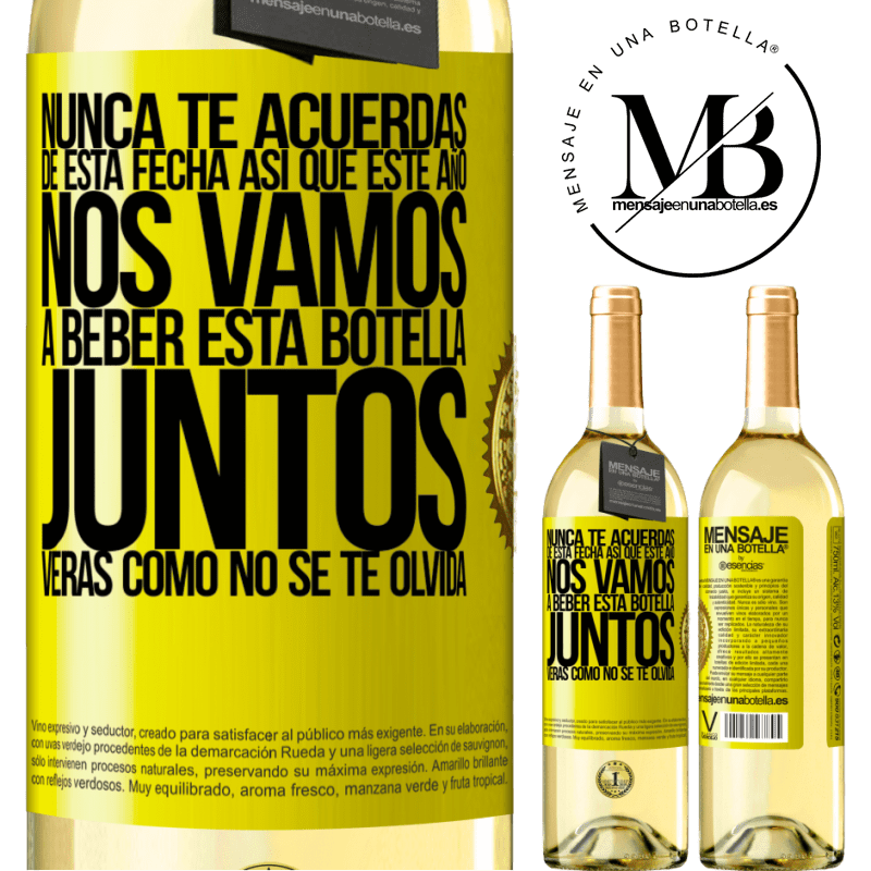 29,95 € Envío gratis | Vino Blanco Edición WHITE Nunca te acuerdas de esta fecha, así que este año nos vamos a beber esta botella juntos. Verás como no se te olvida Etiqueta Amarilla. Etiqueta personalizable Vino joven Cosecha 2025 Verdejo