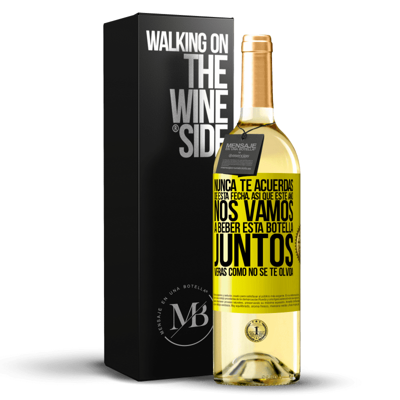 29,95 € Бесплатная доставка | Белое вино Издание WHITE Вы никогда не помните эту дату, поэтому в этом году мы собираемся выпить эту бутылку вместе. Вы увидите, как вы не забудете Желтая этикетка. Настраиваемая этикетка Молодое вино Урожай 2021 Verdejo