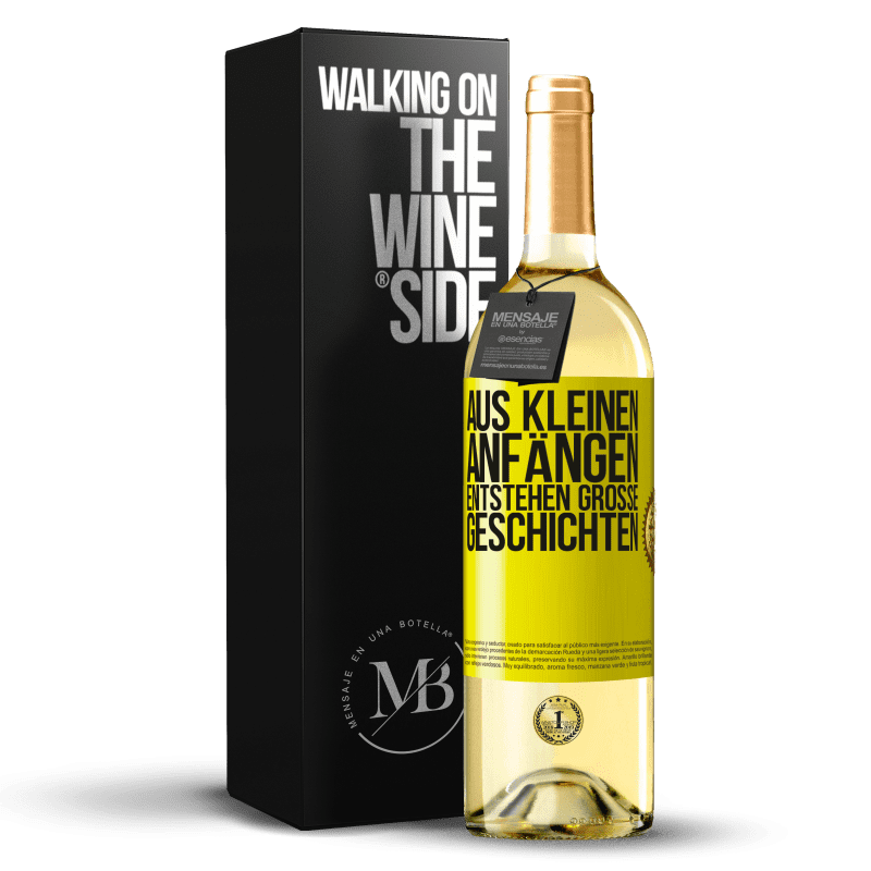 29,95 € Kostenloser Versand | Weißwein WHITE Ausgabe Aus kleinen Anfängen entstehen große Geschichten Gelbes Etikett. Anpassbares Etikett Junger Wein Ernte 2023 Verdejo
